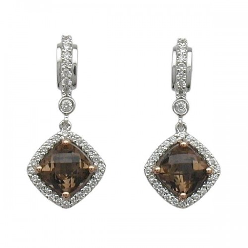 14K White Gold Smokey Quartz With Diamond Earrings