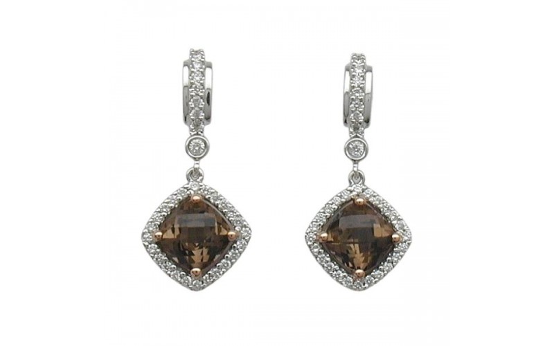 14K White Gold Smokey Quartz With Diamond Earrings