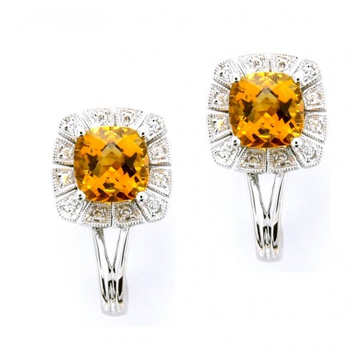 14K White Gold Citrine With Diamond Earrings