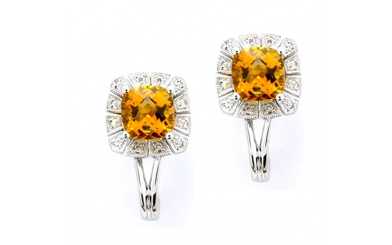 14K White Gold Citrine With Diamond Earrings