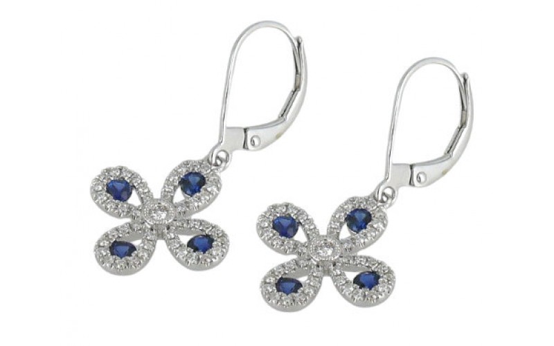 14K White Gold Sapphire With Diamond Hoop Earrings
