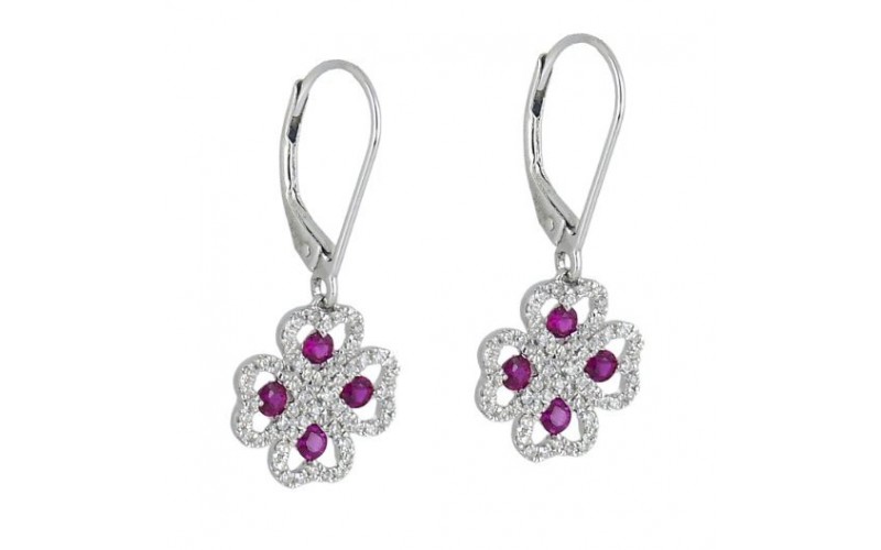 14K White Gold Ruby With Diamond Hoop Earrings