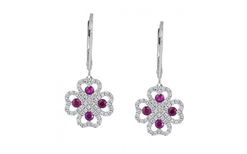 14K White Gold Ruby With Diamond Hoop Earrings