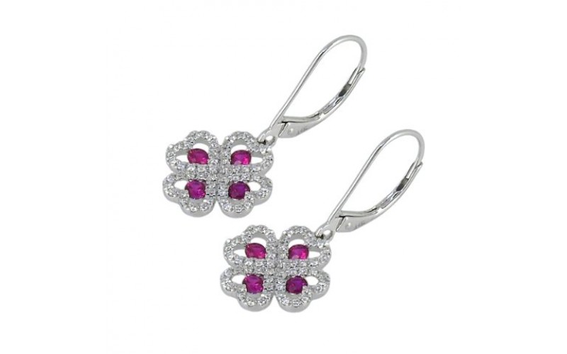 14K White Gold Ruby With Diamond Hoop Earrings