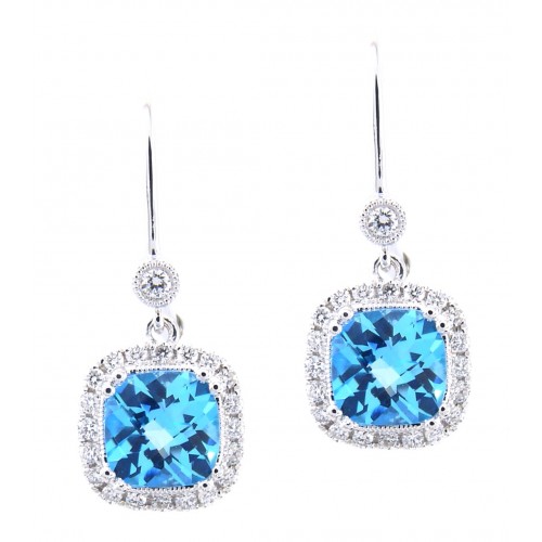 14K White Gold Blue Topaz With Diamond Hoop Earrings