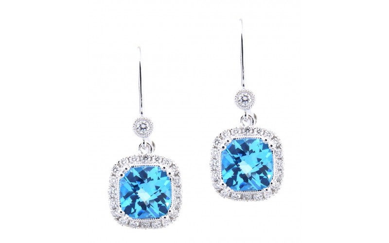 14K White Gold Blue Topaz With Diamond Hoop Earrings