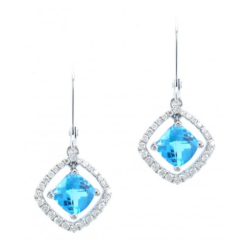 14K White Gold Blue Topaz With Diamond Hoop Earrings