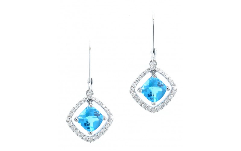 14K White Gold Blue Topaz With Diamond Hoop Earrings