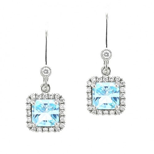 14K White Gold Blue Topaz With Diamond Hoop Earrings