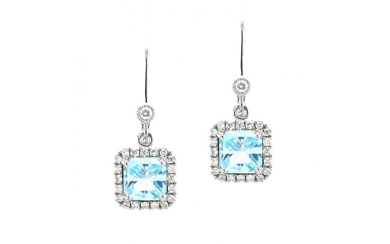 14K White Gold Blue Topaz With Diamond Hoop Earrings