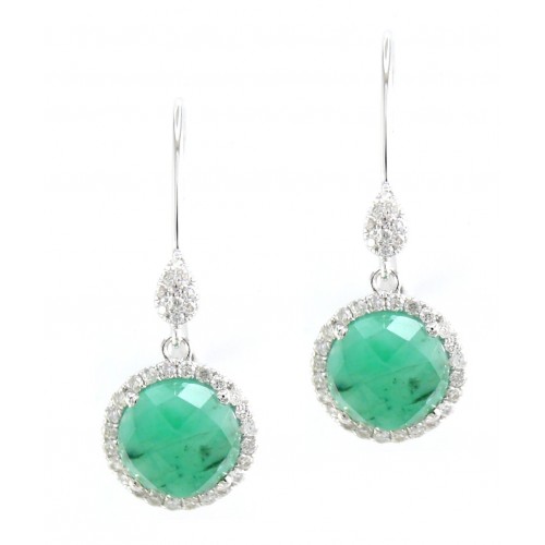 14K White Gold Emerald With Diamond Hoop Earrings