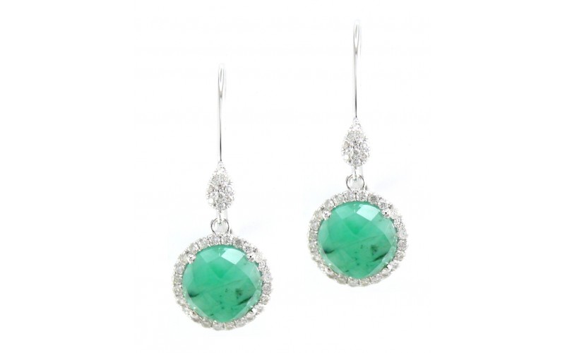 14K White Gold Emerald With Diamond Hoop Earrings