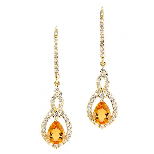 14K Yellow Gold Citrine With Diamond Hoop Earrings