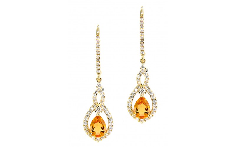 14K Yellow Gold Citrine With Diamond Hoop Earrings