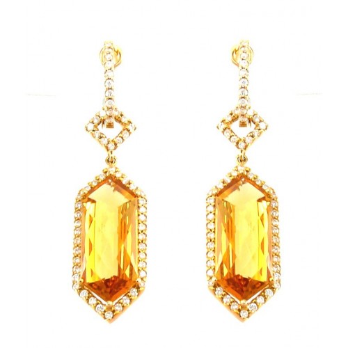 14K Yellow Gold Citrine With Diamond Earrings