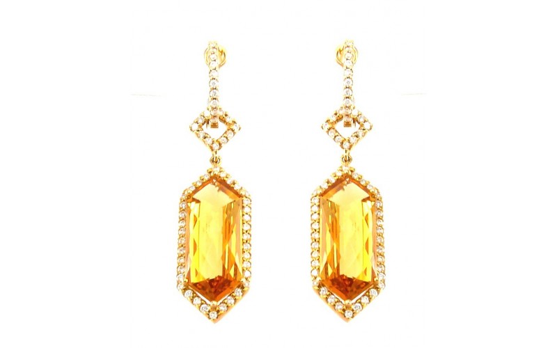 14K Yellow Gold Citrine With Diamond Earrings