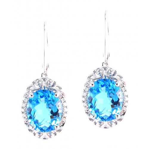 14K White Gold Blue Topaz With Diamond Hoop Earrings