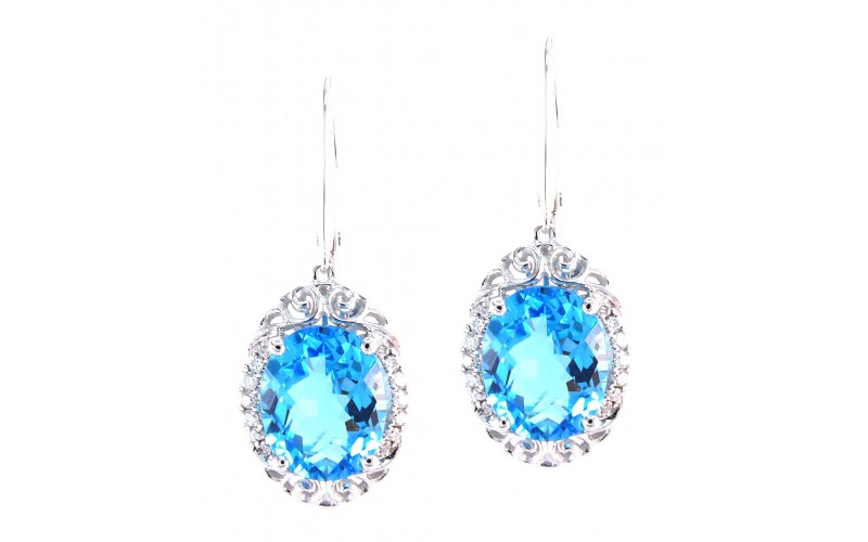 14K White Gold Blue Topaz With Diamond Hoop Earrings