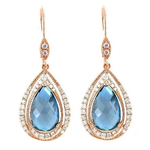 14K Rose Gold Blue Topaz With Diamond Hoop Earrings