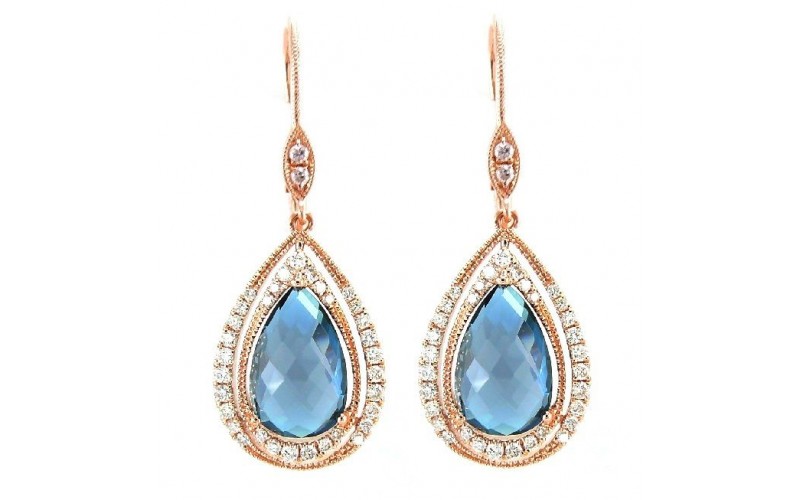 14K Rose Gold Blue Topaz With Diamond Hoop Earrings