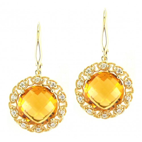 14K Yellow Gold Citrine With Diamond Hoop Earrings