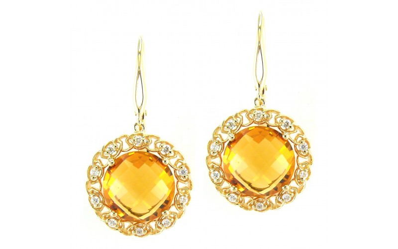 14K Yellow Gold Citrine With Diamond Hoop Earrings