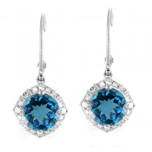 14K White Gold Blue Topaz With Diamond Hoop Earrings