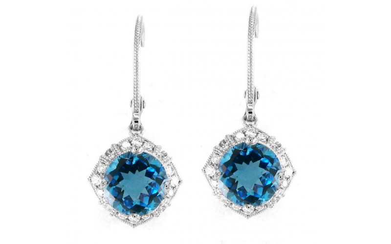 14K White Gold Blue Topaz With Diamond Hoop Earrings