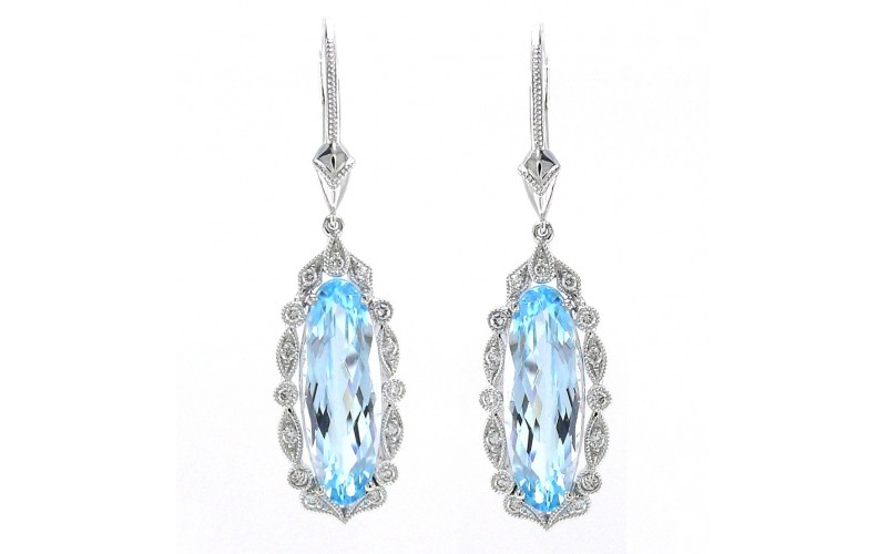 14K White Gold Blue Topaz With Diamond Hoop Earrings