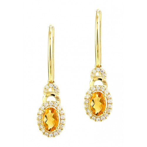 14K Yellow Gold Citrine With Diamond Earrings