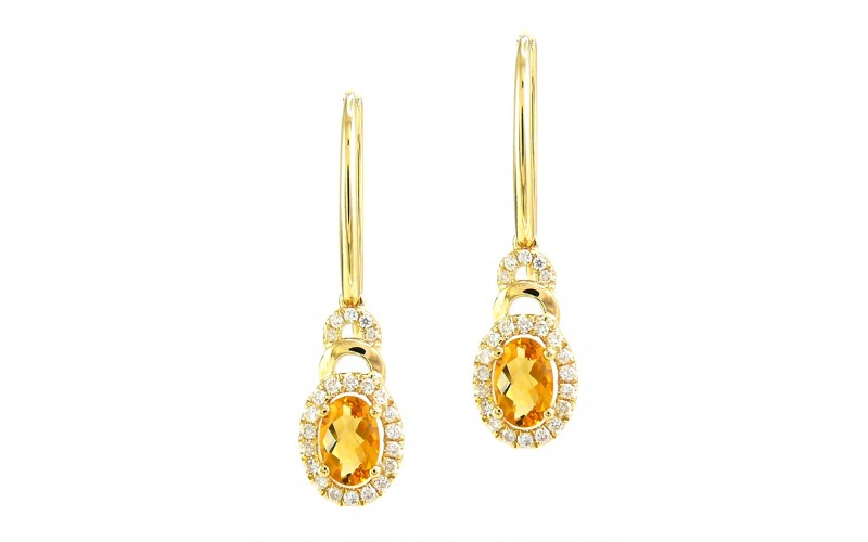 14K Yellow Gold Citrine With Diamond Earrings