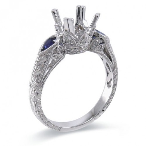 14K White Gold Sapphire With Diamond Ring Mounting