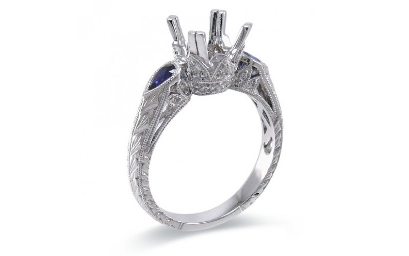 14K White Gold Sapphire With Diamond Ring Mounting