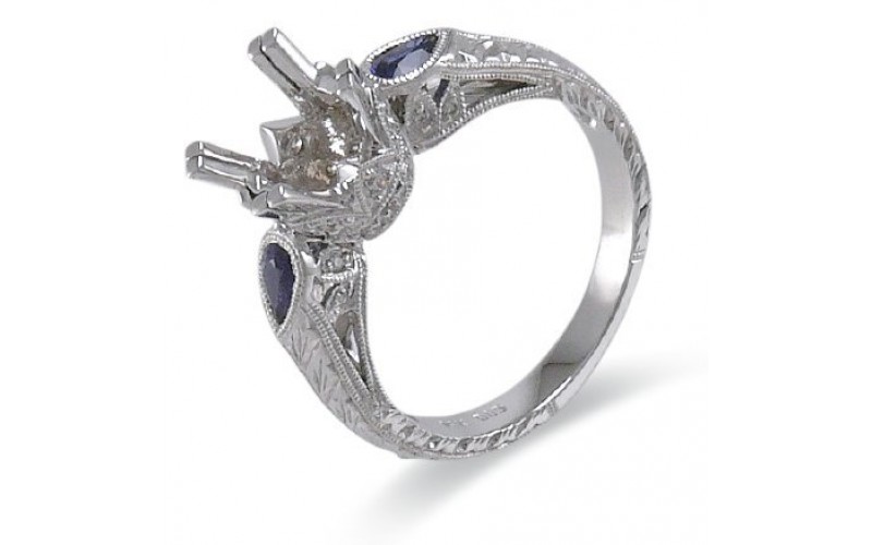 14K White Gold Sapphire With Diamond Ring Mounting