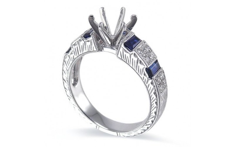 14K White Gold Sapphire With Diamond Ring Mounting