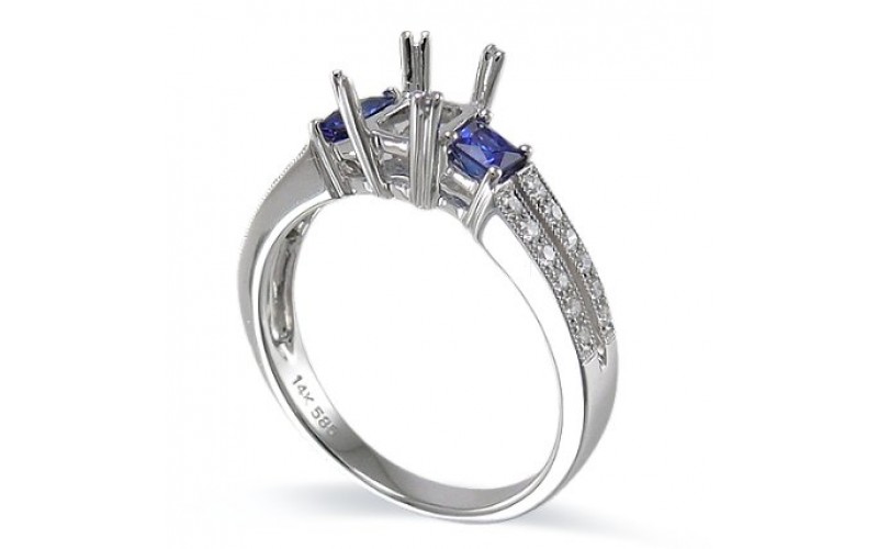 14K White Gold Sapphire With Diamond Ring Mounting