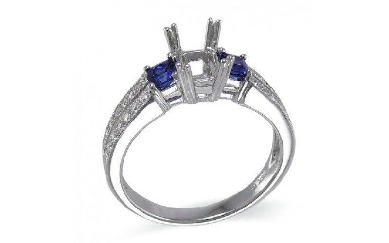 14K White Gold Sapphire With Diamond Ring Mounting