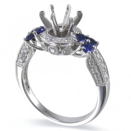 14K White Gold Sapphire With Diamond Ring Mounting