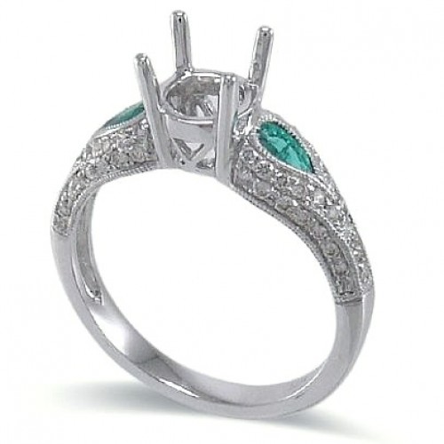 14K White Gold Emerald With Diamond Ring Mounting