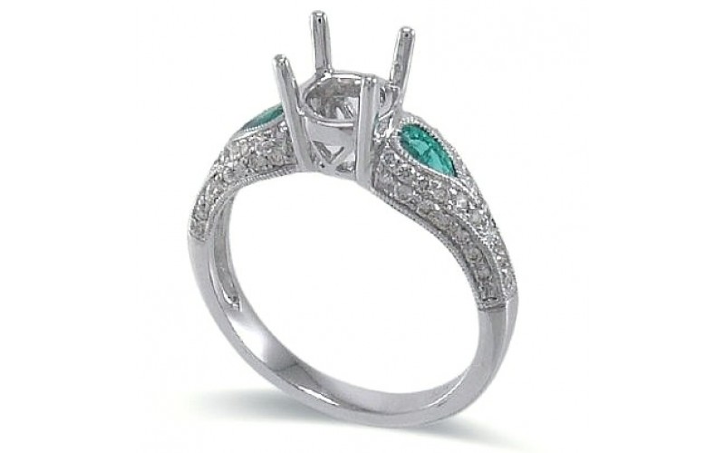 14K White Gold Emerald With Diamond Ring Mounting