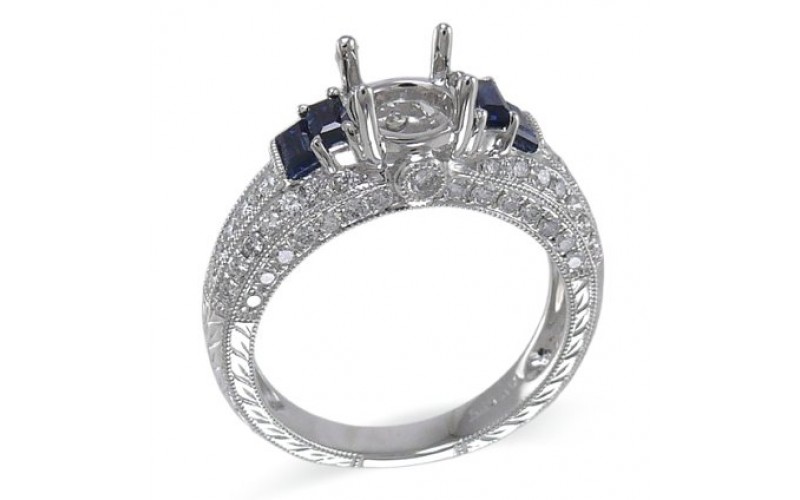 14K White Gold Sapphire With Diamond Ring Mounting