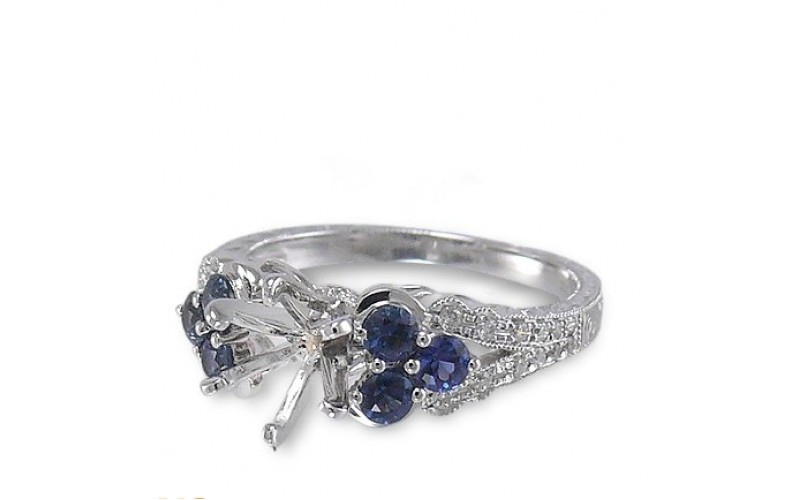 14K White Gold Sapphire With Diamond Ring Mounting
