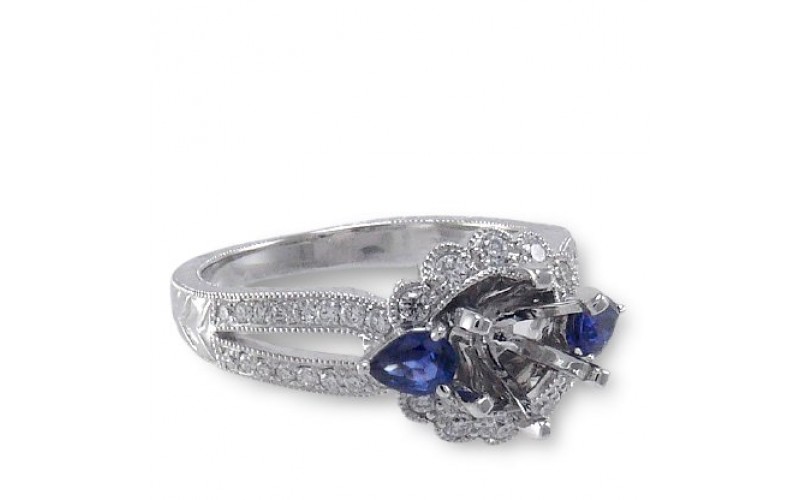 14K White Gold Sapphire With Diamond Ring Mounting