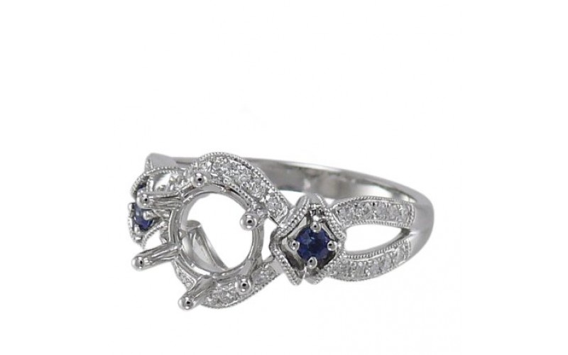 14K White Gold Sapphire With Diamond Ring Mounting