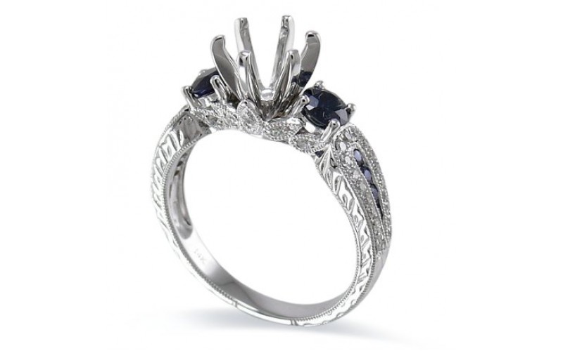 14K White Gold Sapphire With Diamond Ring Mounting