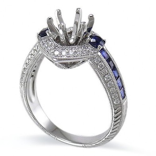 14K White Gold Sapphire With Diamond Ring Mounting