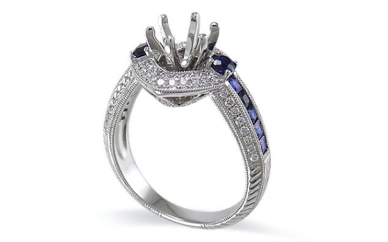 14K White Gold Sapphire With Diamond Ring Mounting