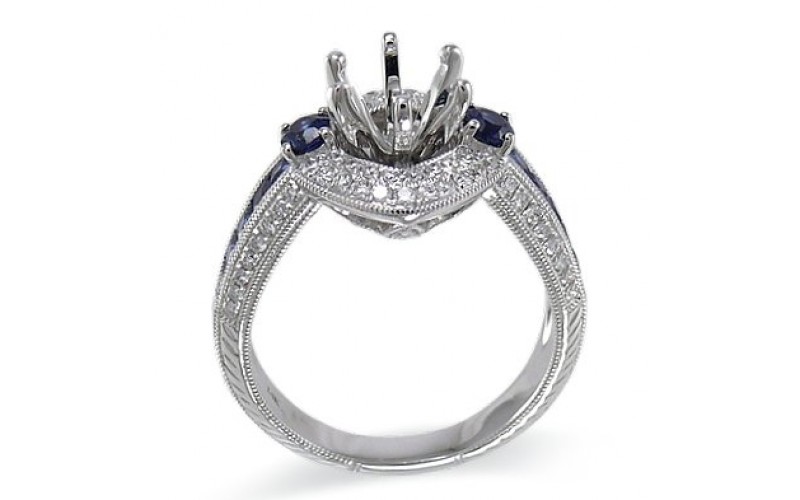 14K White Gold Sapphire With Diamond Ring Mounting