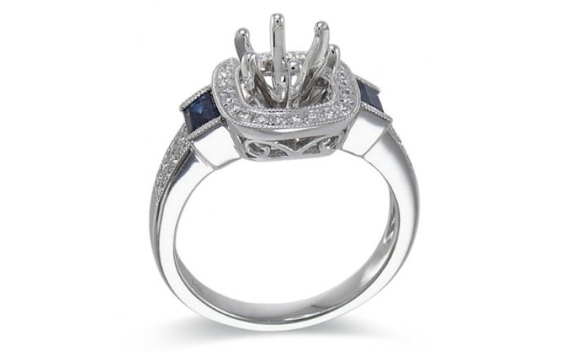 14K White Gold Sapphire With Diamond Ring Mounting
