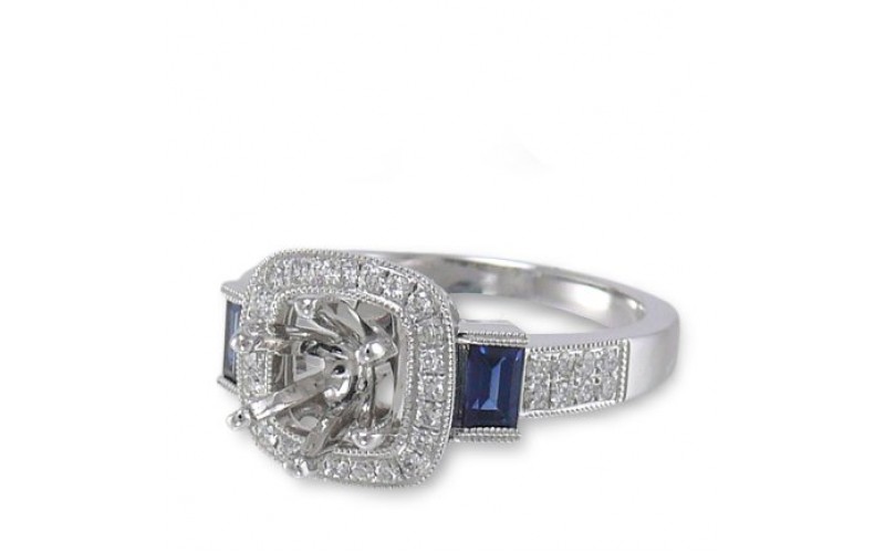 14K White Gold Sapphire With Diamond Ring Mounting